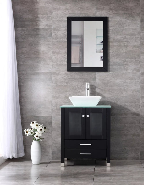 Load image into Gallery viewer, 24&#39;&#39; Black Wood Bathroom Vanity Cabinet Tempered Glass Countertop Ceramic Sink W/ Mirror
