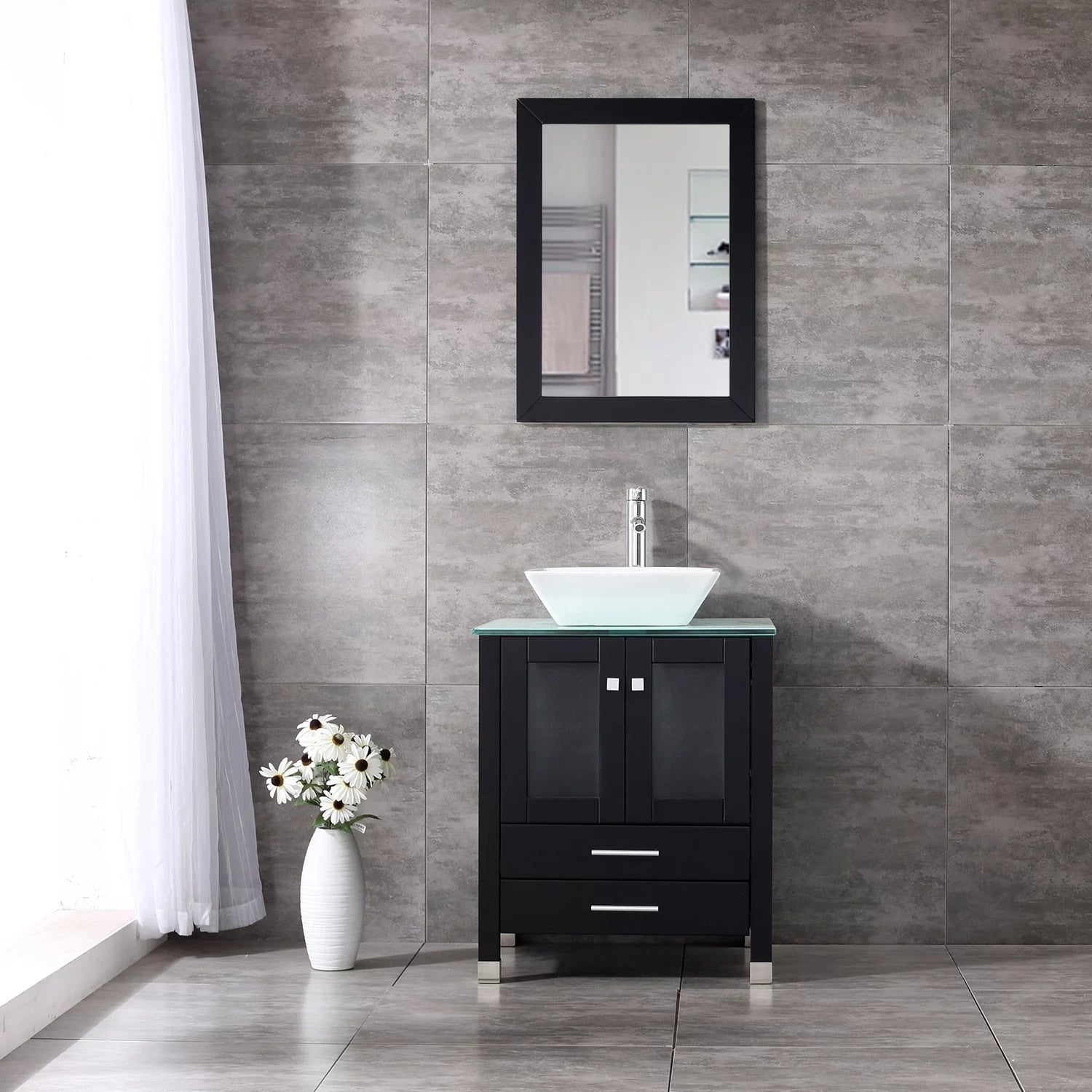 24'' Black Wood Bathroom Vanity Cabinet Tempered Glass Countertop Ceramic Sink W/ Mirror