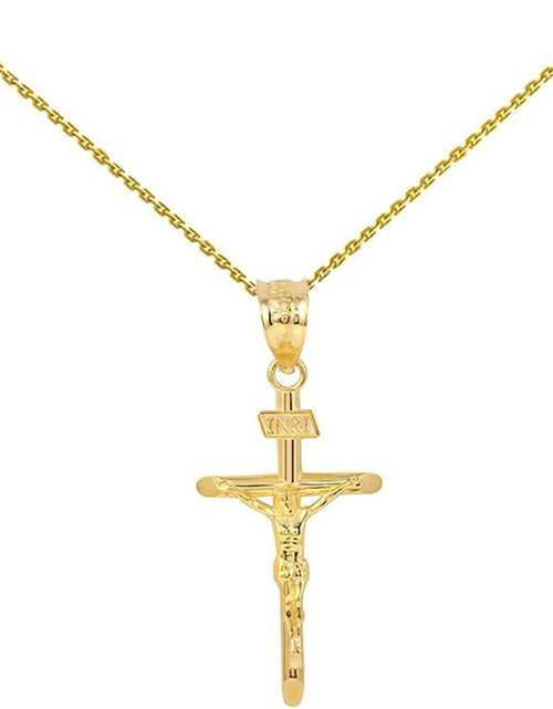 Load image into Gallery viewer, 10K Yellow Gold 1.2&quot; INRI Crucifix Cross Pendant Necklace - Choice of Rolo Chain Length or Charm Only
