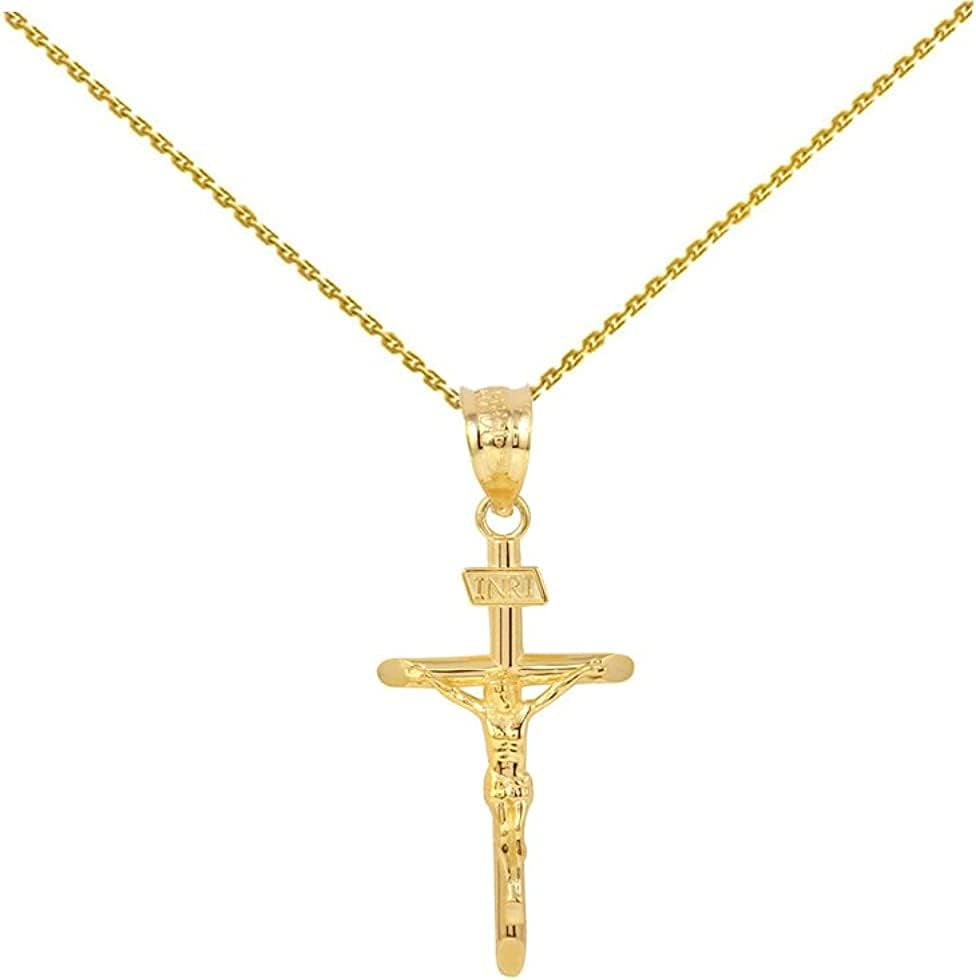 10K Yellow Gold 1.2" INRI Crucifix Cross Pendant Necklace - Choice of Rolo Chain Length or Charm Only