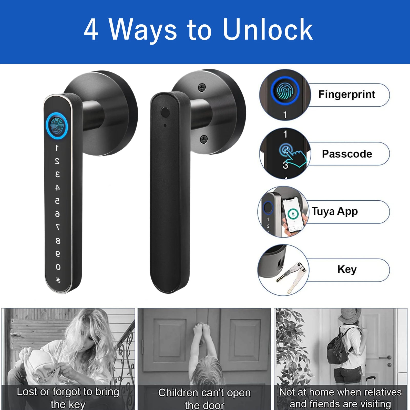 Smart Door Lock,Keyless Entry Door Lock with Handle,Fingerprint Door Lock with Tuya App,Smart Door Knob with Key for Home Bedroom