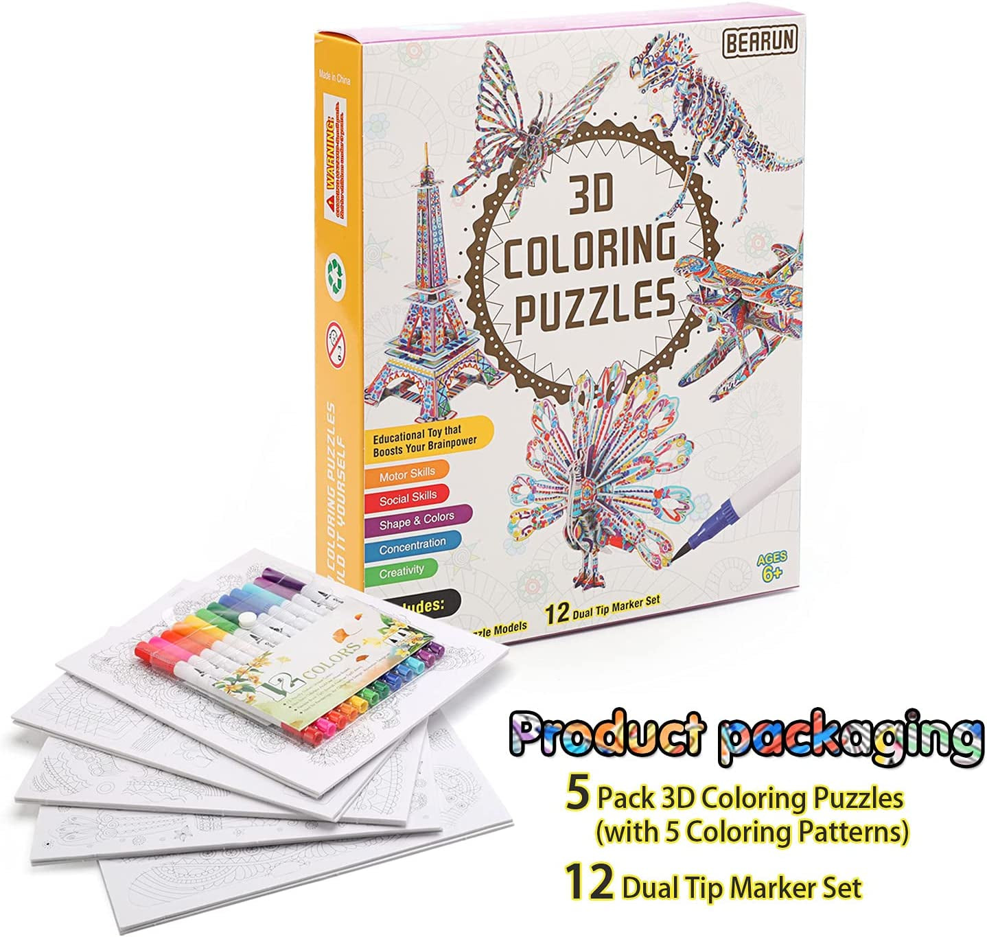 3D Coloring Puzzle Set, Arts and Crafts for Girls and Boys Age 6 7 8 9 10 11 12 Year Old, Fun Educational Painting Crafts Kit with Supplies for Kids, Birthday Toy Gift for Kids