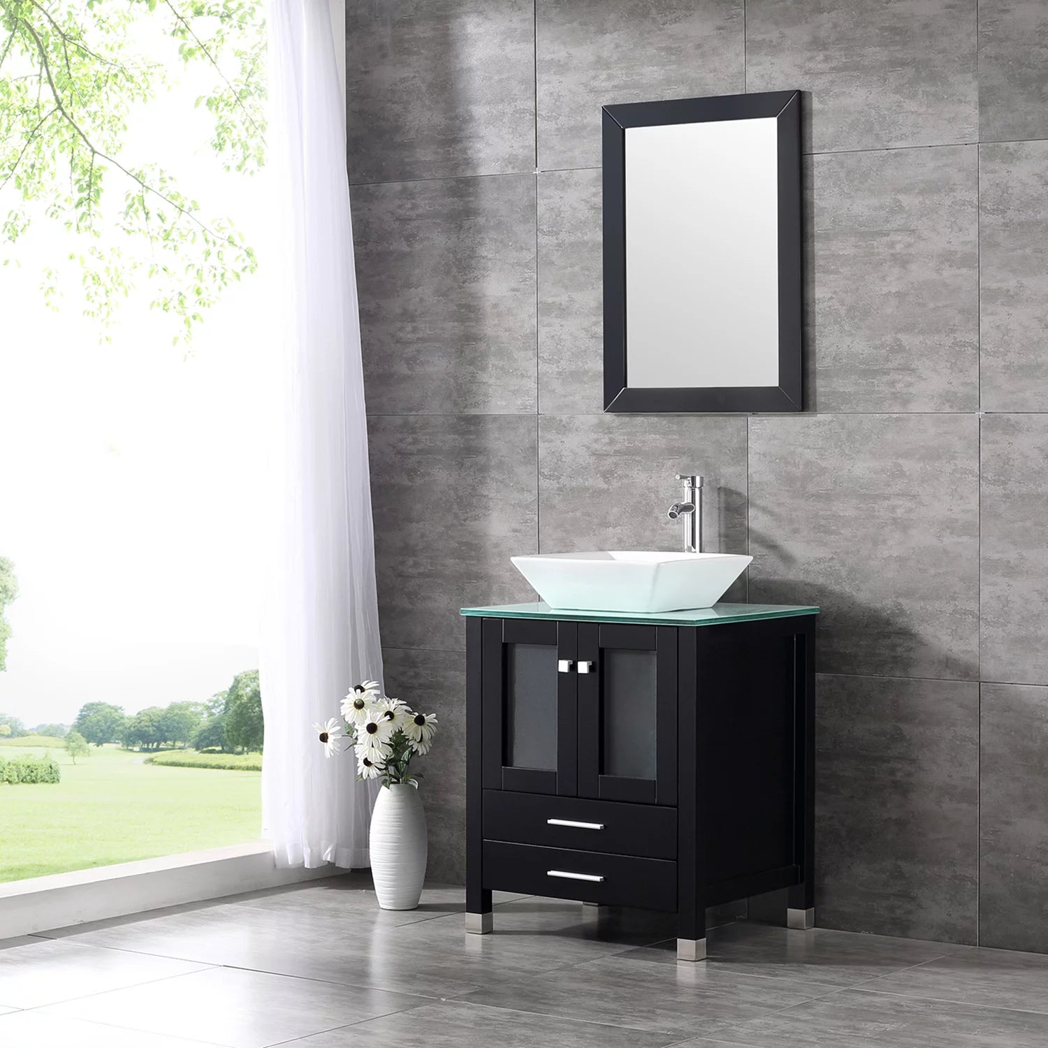 24'' Black Wood Bathroom Vanity Cabinet Tempered Glass Countertop Ceramic Sink W/ Mirror