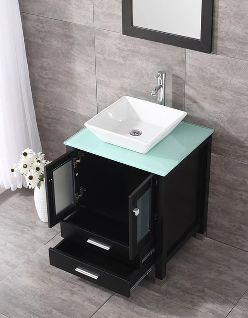 Load image into Gallery viewer, 24&#39;&#39; Black Wood Bathroom Vanity Cabinet Tempered Glass Countertop Ceramic Sink W/ Mirror
