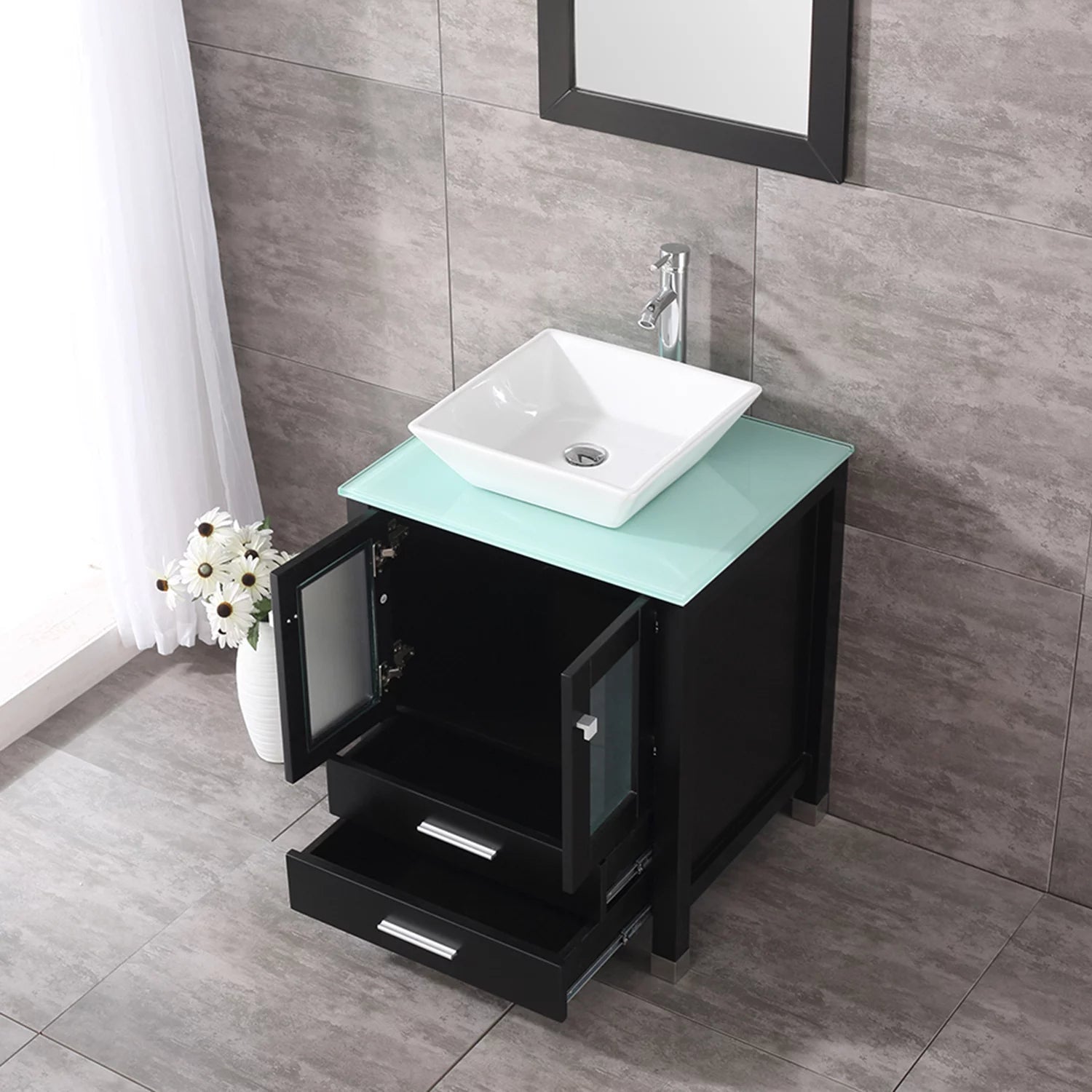 24'' Black Wood Bathroom Vanity Cabinet Tempered Glass Countertop Ceramic Sink W/ Mirror