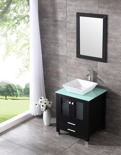 Load image into Gallery viewer, 24&#39;&#39; Black Wood Bathroom Vanity Cabinet Tempered Glass Countertop Ceramic Sink W/ Mirror
