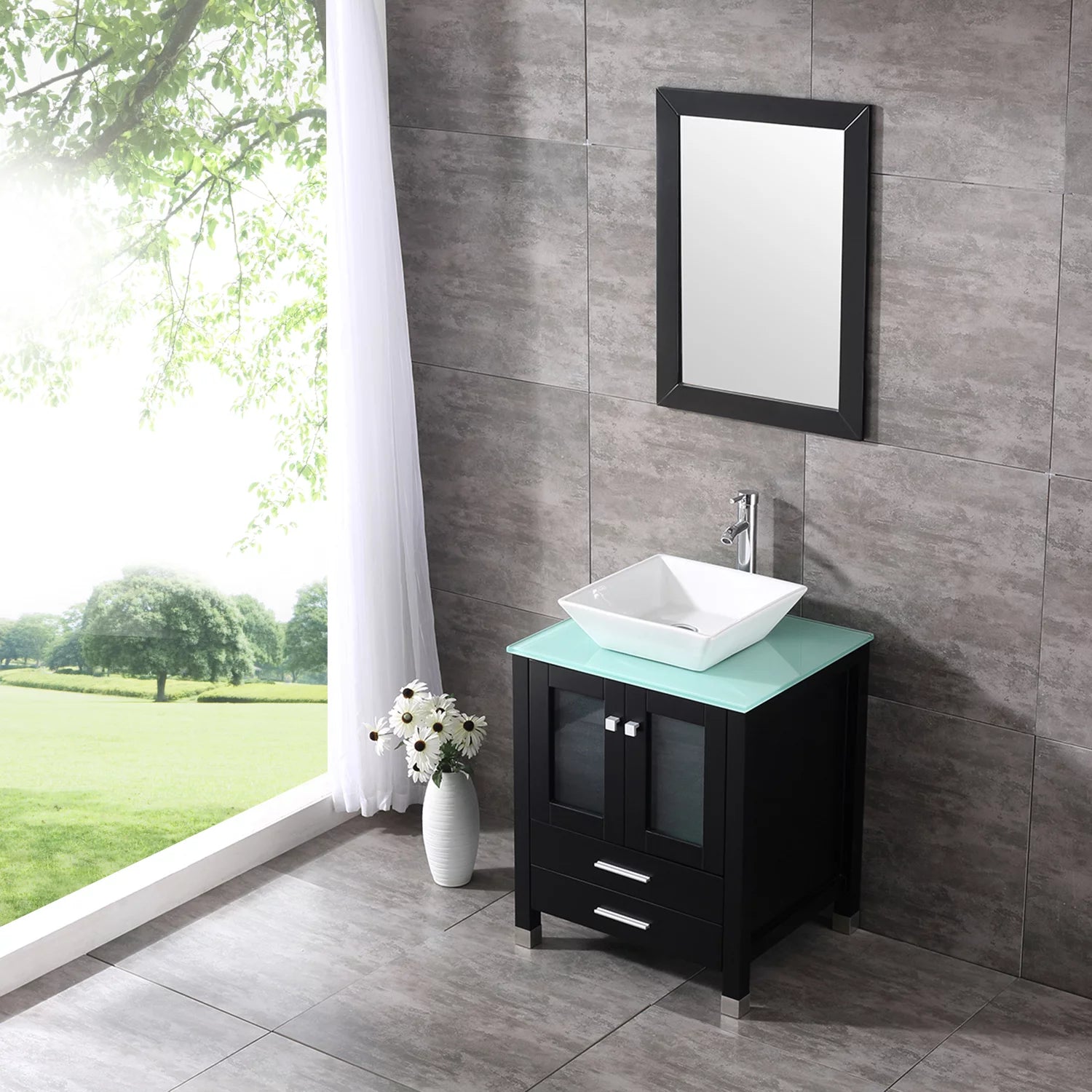 24'' Black Wood Bathroom Vanity Cabinet Tempered Glass Countertop Ceramic Sink W/ Mirror